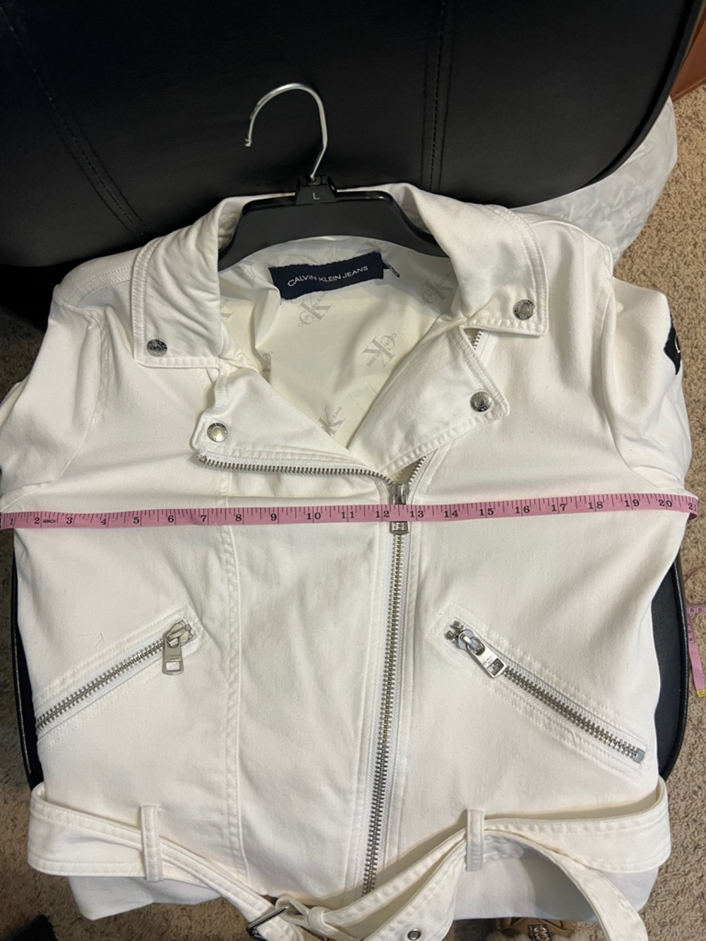 Calvin Klein Women's White Denim Moto Jacket- size Large - Picture 6 of 7